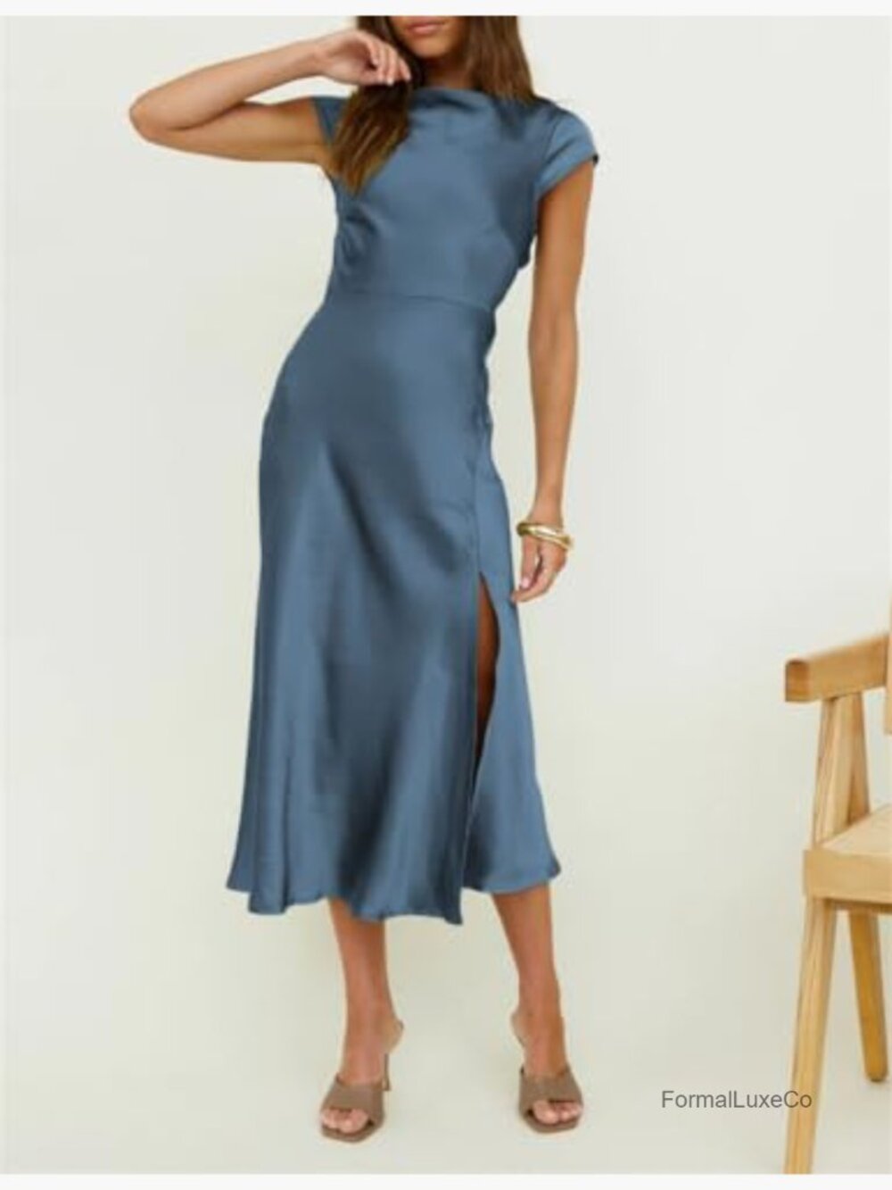 Satin Backless Cap Sleeve Midi Dress Cowl Neck Slit Cocktail - Picture 3 of 7